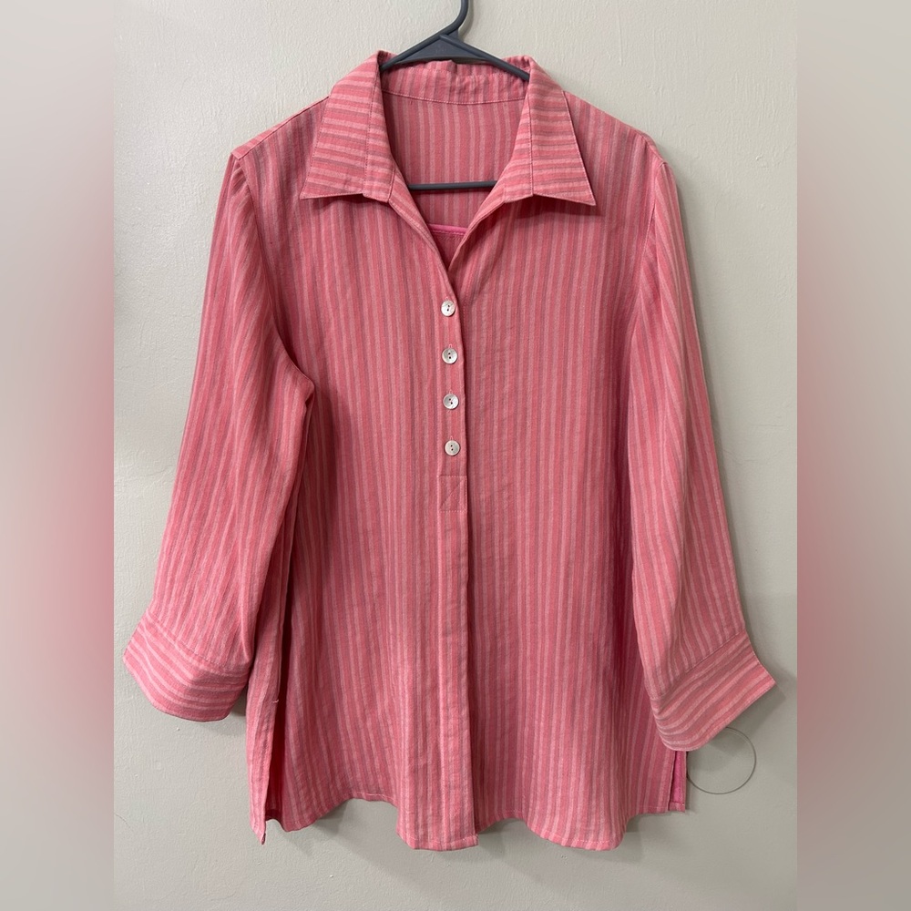 Fridaze Pink Linen Striped Button Up Top Sz L